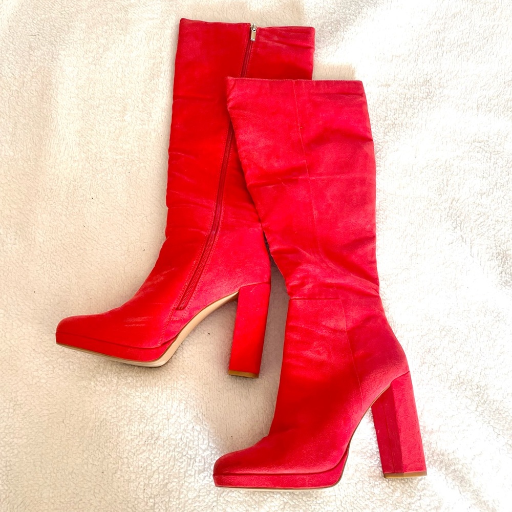 JustFab Emmaline Red Faux Suede Platform Heeled Boots